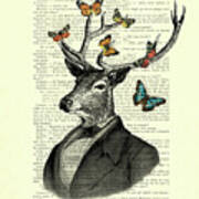 Deer In Suit With Butterflies Art Print