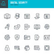 Digital Security - Thin Line Vector Icon Set. Pixel Perfect. Editable Stroke. The Set Contains Icons: Security System, Antivirus, Privacy, Fingerprint, Web Page, Password, Support. Art Print