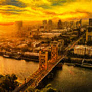 Downtown Sacramento And Tower Bridge At Sunset - Digital Painting Art Print