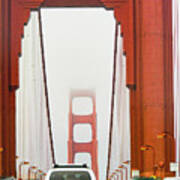 Driving Into Low Clouds And Fog On The Golden Gate Bridge Art Print