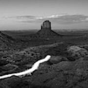 Driving Through Monument Valley At Dusk - Black And White Panorama Art Print