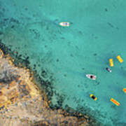 Drone Aerial Of Seascape With Idyllic Blue Calm Blue Water. Fig Tree Bay Beach Protaras Cyprus Art Print