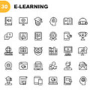 E-learning Line Icons. Editable Stroke. Pixel Perfect. For Mobile And Web. Contains Such Icons As Book, Audiobook, Webinar, Online Education, Trophy. Art Print