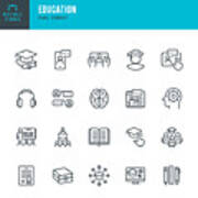 Education - Thin Line Vector Icon Set. Pixel Perfect. Editable Stroke. The Set Contains Icons: E-learning, Education, Home Schooling, Classroom, Diploma, Social Distancing, Web Conference. Art Print