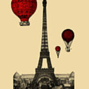 Eiffel Tower With Red Hot Air Balloons Art Print