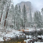 El Capitan And The Merced River With Snow In Yosemite National Park Art Print