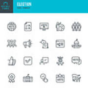 Election - Thin Line Vector Icon Set. Editable Stroke. Pixel Perfect. The Set Contains Icons: Election, Politics, Voting, Capitol Building, White House, Presidential Election. Art Print