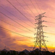 Electrical Pylons Tower During Sunset Art Print
