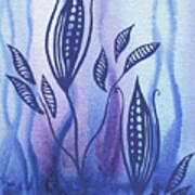 Elegant Pattern With Leaves In Blue And Purple Watercolor Ii Art Print