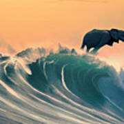 Elephant Catching A Big Wave - Sunset Art Print