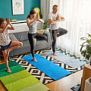 Family Practicing Yoga At Home With Online Classes Art Print