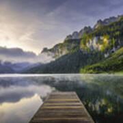 Fantastic Sunrise Scene With Fog Over Lake At Azure Alpine Lake Vorderer Gosausee. Gosau Valley In Upper Austria Art Print
