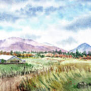 Farm Barn Mountains Road In The Field Watercolor Impressionism Art Print