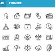 Finance And Banking Line Icons. Editable Stroke. Pixel Perfect. For Mobile And Web. Contains Such Icons As Money, Finance, Banking, Coins, Chart, Real Estate, Personal Finance, Insurance, Balance, Global Finance. Art Print