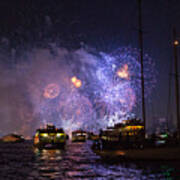 Firework Display In New York Bay With Boats In The Foreground Art Print