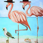 Flamenco Flamingo's And The Singing Seagull Art Print