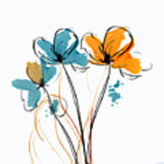 Flowers Minimalist Art - Turquoise Orange And Yellow Art Art Print