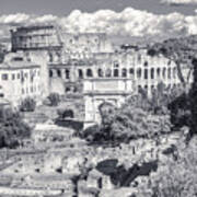 Forum Romanum With The Colosseum In The Background Bw Art Print