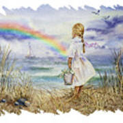 Girl At The Ocean Shore Watching The Rainbow And Boat Watercolor Seascape Art Print