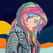 Girl Unicorn Full Colour Hair With Rocker Jacket Punker Style Art Print