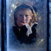 Girl Watching For Santa From Icy Window Art Print