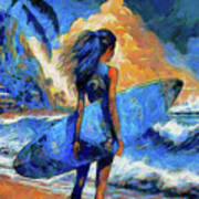 Girl With Surfoard Checking Swell Art Print