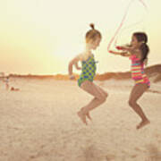 Girls Jumping Rope On Beach Art Print