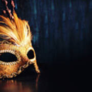Golden Venetian Mask On Dark Blue Background Art Print