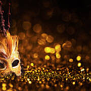 Golden Venetian Mask On Dark Godlen Bokeh Background. New Year A Art Print