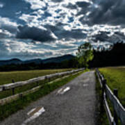 Gravel Road With Wooden Fence In Rural Landscape At Rainy Weather In Austria Art Print