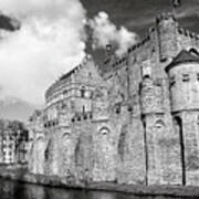 Gravensteen Castle Ghent Black And White Art Print