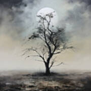 Gray And Dark Landscape With Full Moon And Tree Art Print