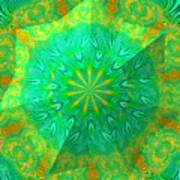 Green And Orange Fractal Kaleidoscope Mandala Star Under Glass Abstract Art Print