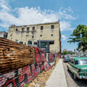 Green Car On The Street. Havana, Cuba Art Print