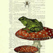Green Frog On Toadstool Antique French Book Page Art Art Print