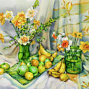 Green Yellow Still Life With Daffodils Art Print