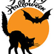 Halloween Black Cat And Bat With Orange Moon Clipart Illustration, Happy Halloween Art Print