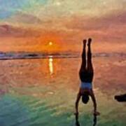 Hand Stand At Sunset Painted Art Print
