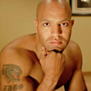 Handsome Bald Black Muscular Man Poses For A Head Shot. Art Print