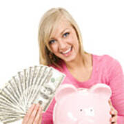 Happy Blond Woman Holding Money Cash Piggybank Saving Future Isolated Art Print