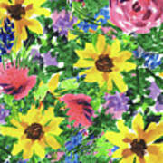 Happy Impressionistic Flower Garden With  Yellow Pink Blue Flowers Art Print