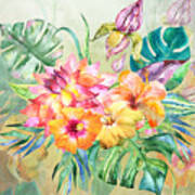 Hawaiian Hibiscus And Monstera Art Print
