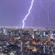 Heavy Thunderstorm And Lightning Over The Night City, Storm And Rain Art Print