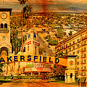 Historical Buildings Of Bakersfield, California, Blended On Old Paper Art Print