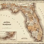 Historical Map Of Florida 1866 Sepia Art Print