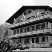 Hotel Flags In Lauterbrunnen Village Jungfrau Region Early Spring Switzerland Black And White Art Print