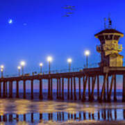 Huntington Beach Pier Night Moon Art Print