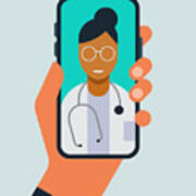 Illustration Of Hand Holding Smart Phone With Doctor On Screen During Telemedicine Doctor Visit Art Print