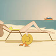 Illustration Of Young Woman Relaxing On Lounge Chair At Beach Art Print