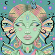 Insect Girl, Flutter - Sq. Green Art Print